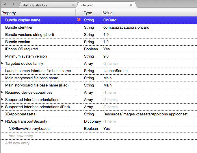 The Source view of the Info.plist file after specifying NSAllowsArbitraryLoadsInWebContent and NSAllowsArbitraryLoads.
