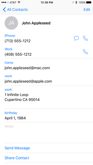 An example Contact Sheet on an iOS device