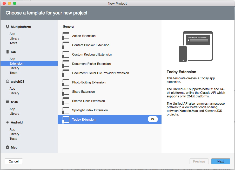 Next, in the Solution Explorer, right-click on the Solution and add a new iOS Extension project from the Today Extension template