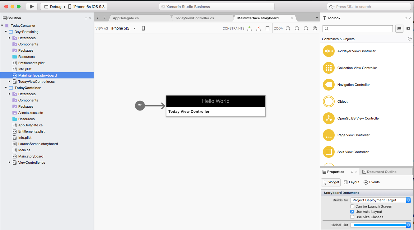 Double-click the Extension projects Main.storyboard file to open it for editing