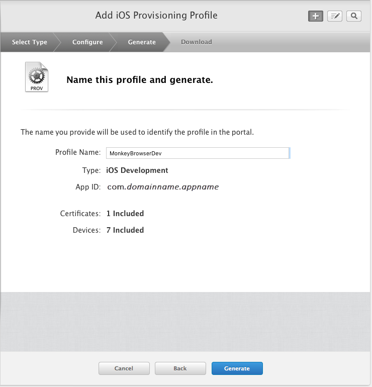 Create a new development provisioning profile for the app