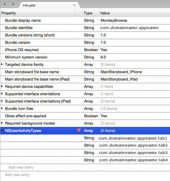 The NSUserActivityTypes key and required identifiers in the plist editor