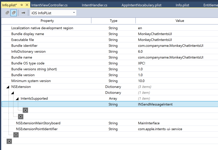 The INSendMessageIntent key for an Intents U I Extension in Visual Studio.