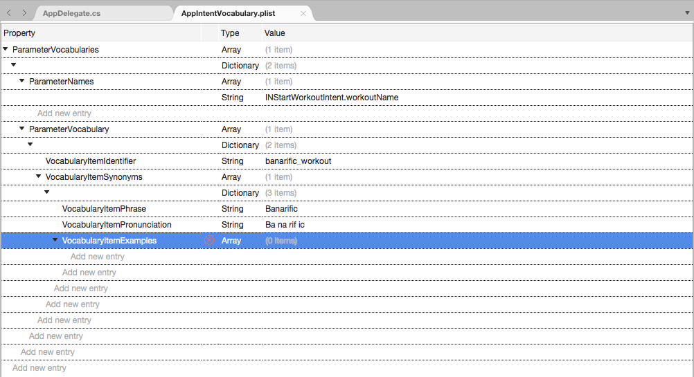 Add the VocabularyItemExamples key with the Type of Array