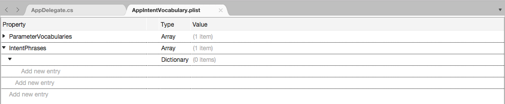 Add an additional new key with the Type of Dictionary in Visual Studio for Mac.