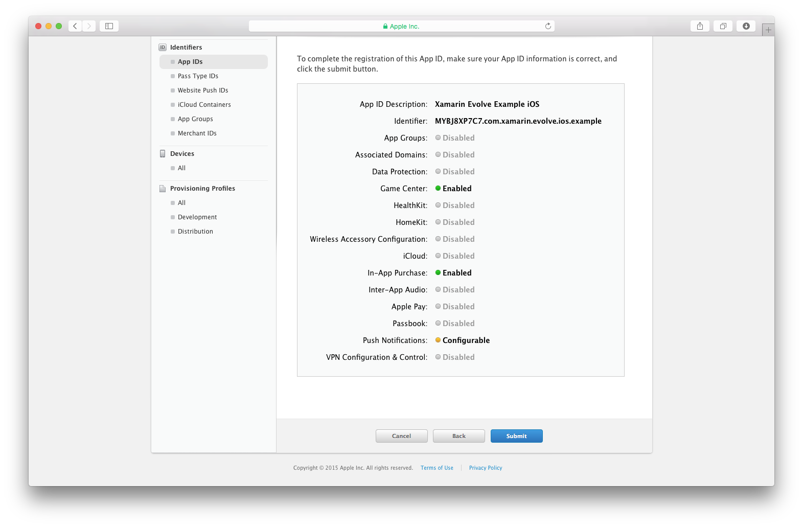 Confirm registration of the new App ID