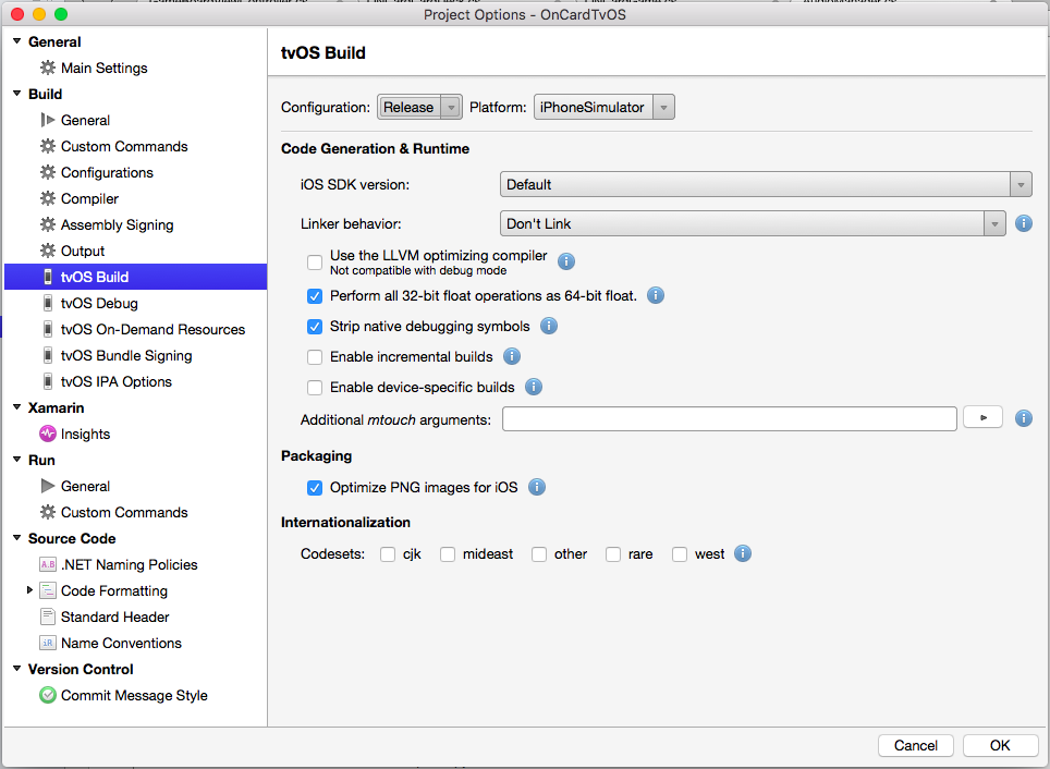 Select tvOS Build options