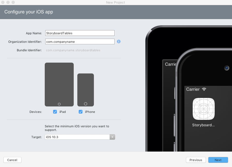 Create a new project dialog