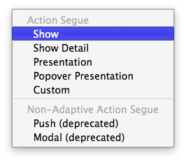 The Action Segue dropdown with Size Classes