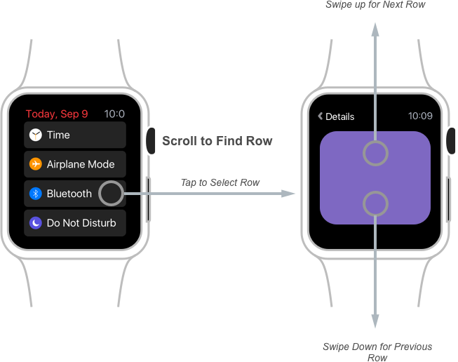 Moving between a table and the Detail view and swiping up and down to move between the other rows