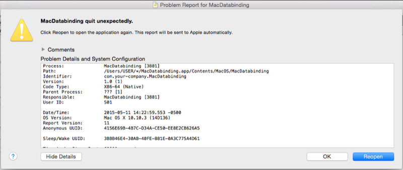 Example of a native crash dialog box Example of a native crash dialog box