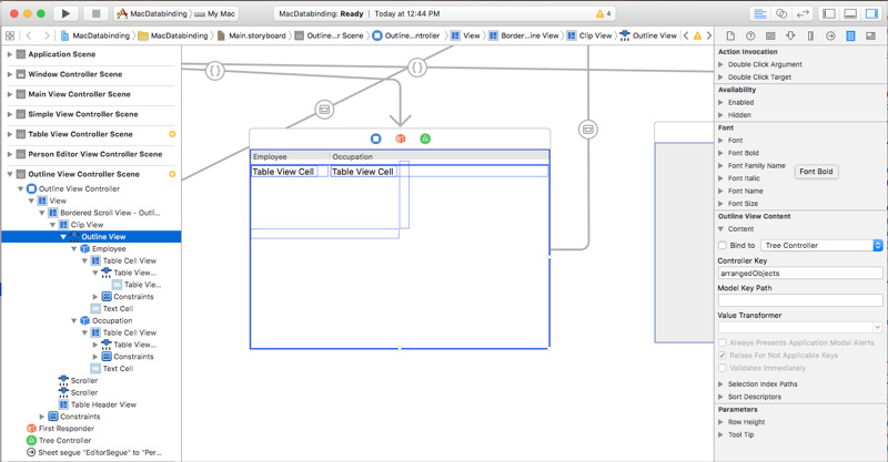 Selecting the Binding Inspector Selecting the Outline View and Binding Inspector.