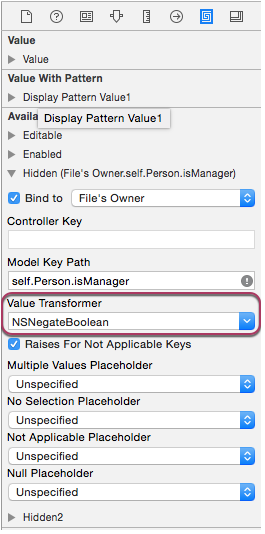 Selecting the NSNegateBoolean key transformation Selecting the NSNegateBoolean key transformation