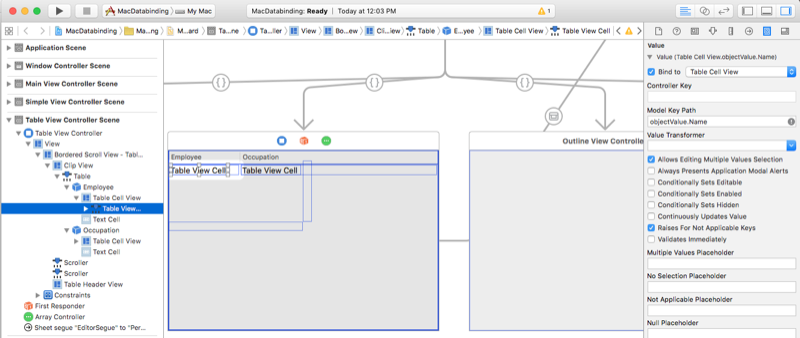 Setting the model key path Setting the model key path for the Employee column.