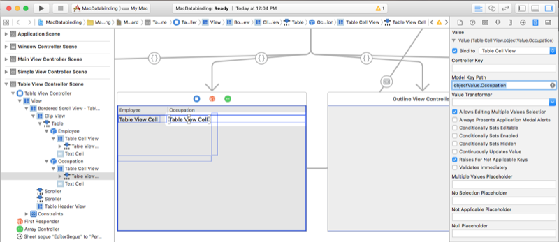 Setting the model key path Setting the model key path for the Occupation column.