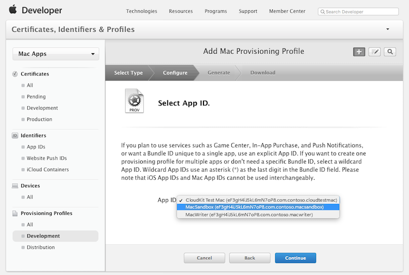Selecting the App ID Selecting the App ID