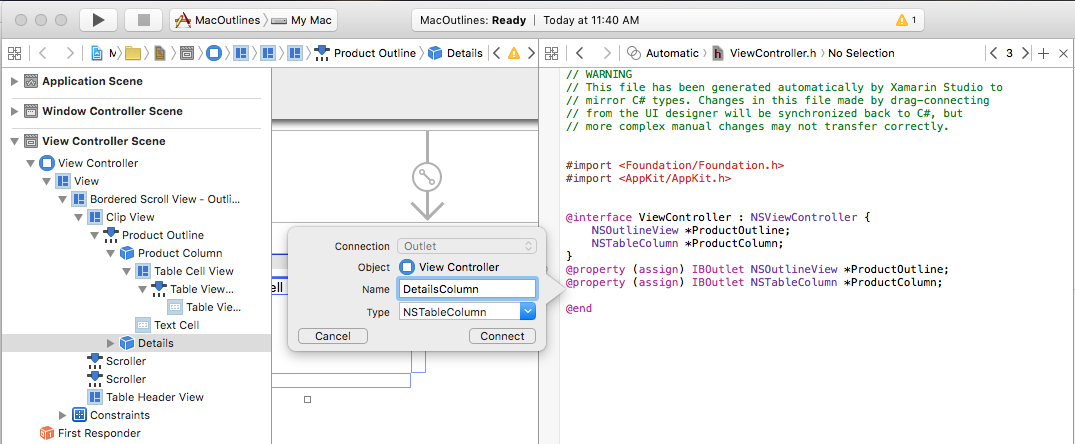 Screenshot shows an Outlet named DetailsColumn in the Attribute Inspector.