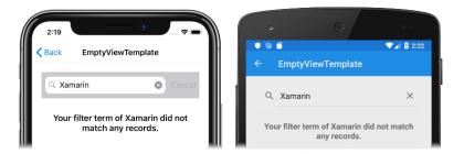 CollectionView vertical list with empty view template Screenshot of a CollectionView vertical list with an empty view template, on iOS and Android