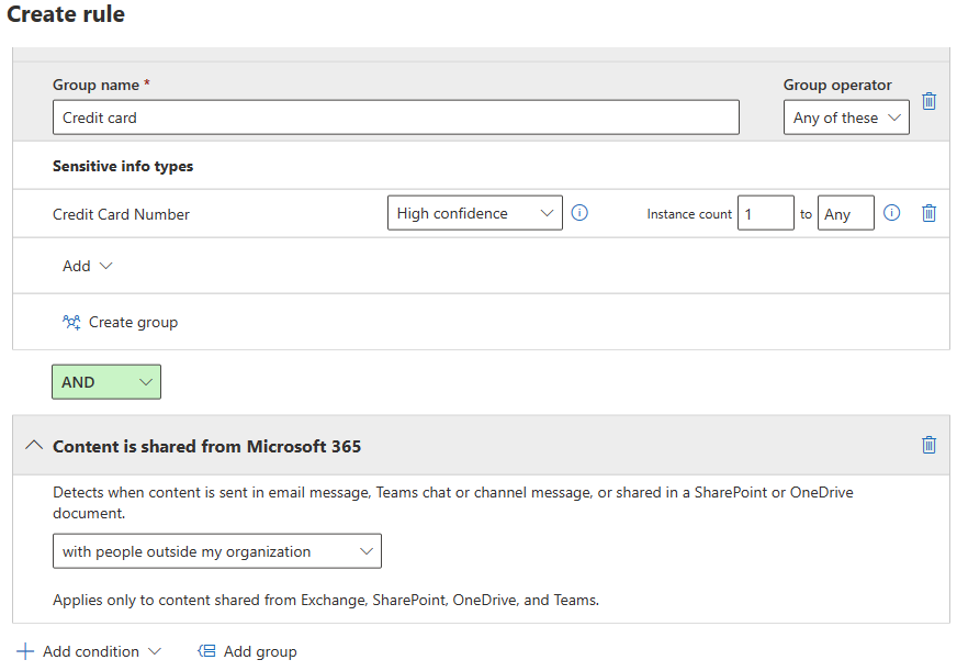 Screenshot of DLP conditions to detect external sharing of sensitive content.