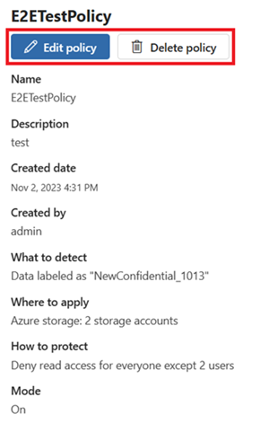 Screenshot of a policy detail page, with the edit and delete buttons highlighted.