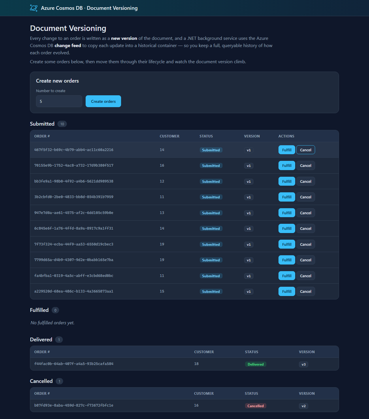 Document Versioning web front end showing orders grouped by status with version numbers