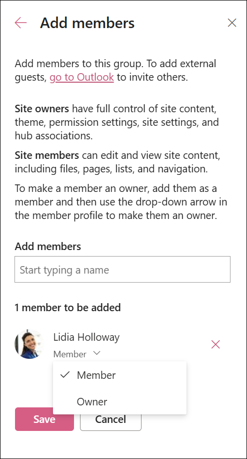 Screenshot of adding members to a group dialog.