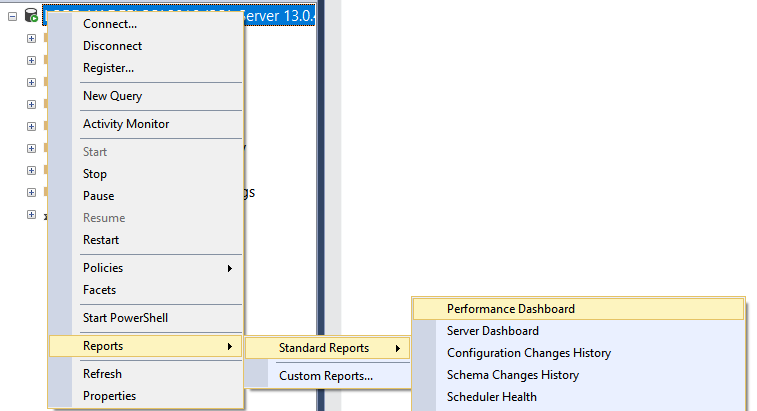 Screenshot of Performance Dashboard in menu.