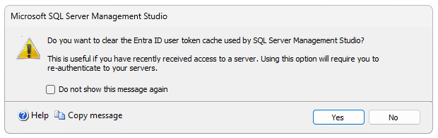 Screenshot of dialog box requesting confirmation to clear the Microsoft Entra ID user token cache.