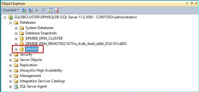 Screenshot of Microsoft SQL Management Studio showing showing Select DPMDB option.