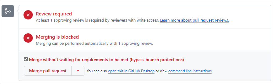 สกรีนช็อตของคําขอดึงข้อมูลบน GitHub ที่แสดงว่าจําเป็นต้องมีการตรวจทานเพื่อผสาน