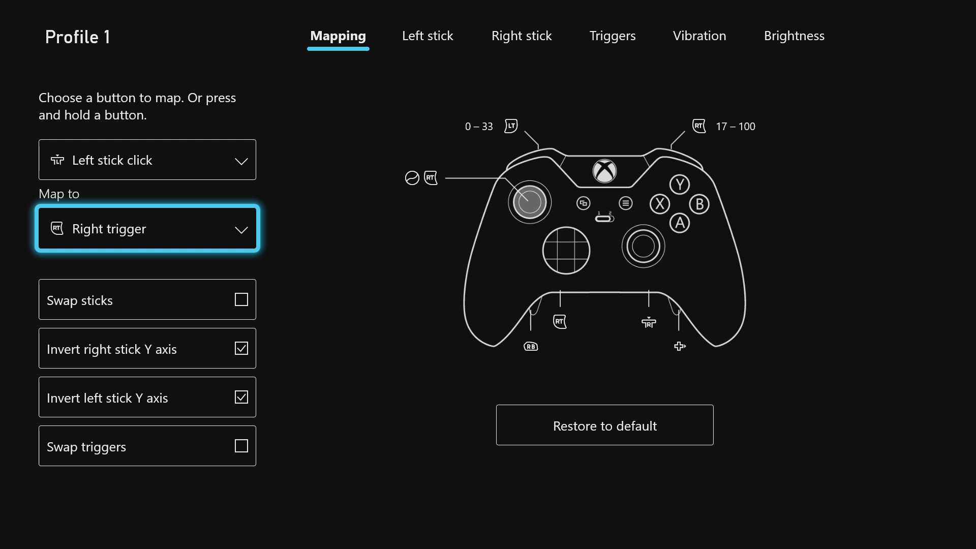 สกรีนช็อตที่แสดงหน้าจอการกําหนดค่า Xbox Elite Controller เขตข้อมูลแมปไปยังจะถูกเน้นและทริกเกอร์ด้านขวาถูกเลือก
