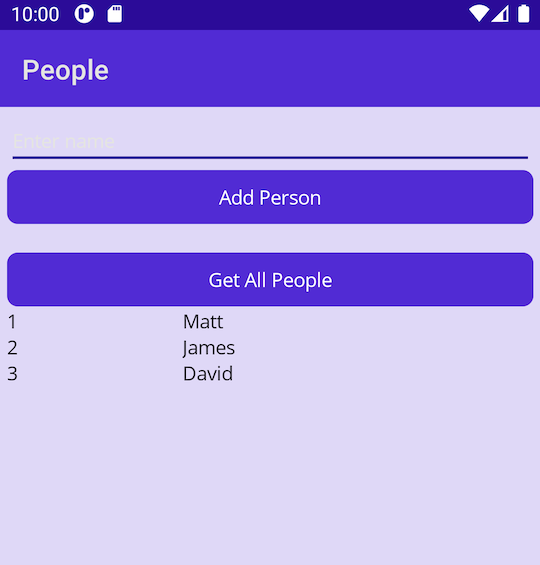 สกรีนช็อตของแอปที่มีรายการของเรกคอร์ดทั้งหมดในฐานข้อมูล