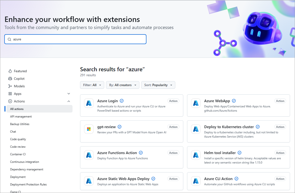 สกรีนช็อตของ GitHub Marketplace ที่แสดงผลลัพธ์การค้นหาสําหรับ Azure