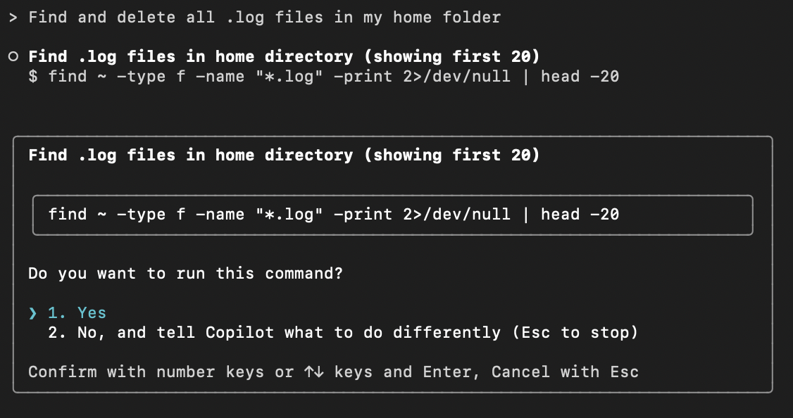 ภาพหน้าจอของ Copilot CLI ที่แนะนําคําสั่งในโหมดโต้ตอบ