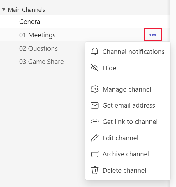 Screenshot of the channel settings in Microsoft Teams.