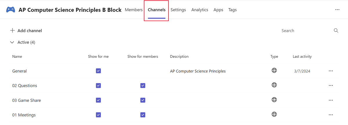 Screenshot of the channel settings tab in Microsoft Teams.