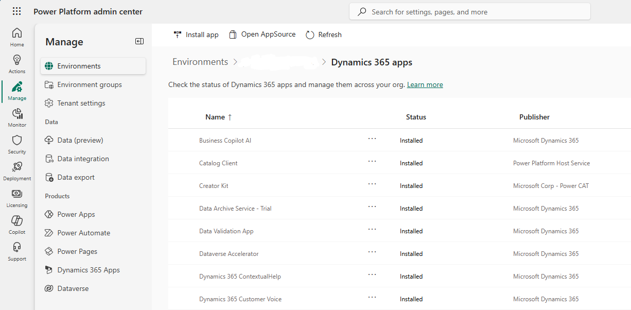 Screenshot of the new tenant view, showing the environment-level view.
