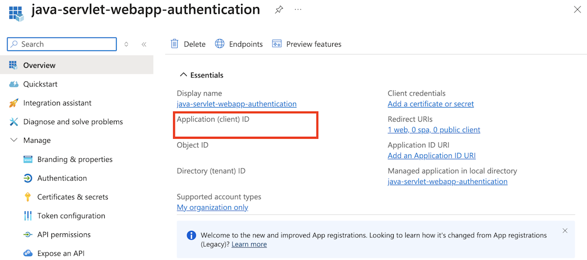 สกรีนช็อตที่เน้น ID แอปของแอปที่ลงทะเบียนด้วย Microsoft Entra ID บนพอร์ทัล Azure