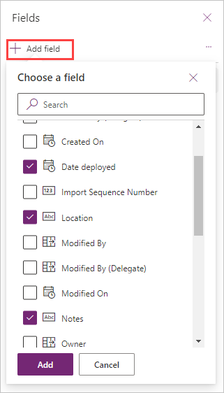 Screenshot of the fields dialog box with Add field highlighted and several boxes checked next to columns we want to add to the view.