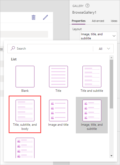 Screenshot of the gallery layout options with Title, subtitle, and body selected.