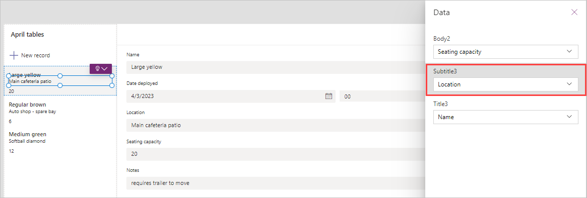 Screenshot of the data dialog with the Subtitle field changed to location and the gallery now showing location in as the subtitle.