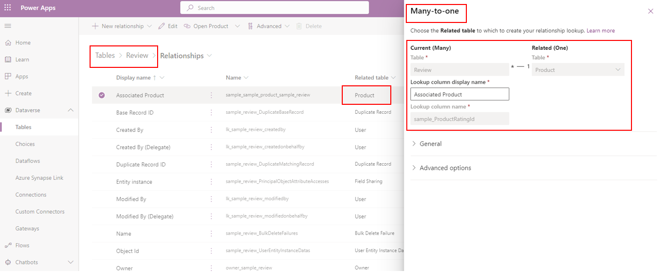 Screenshot of the table relationship using associated production column.