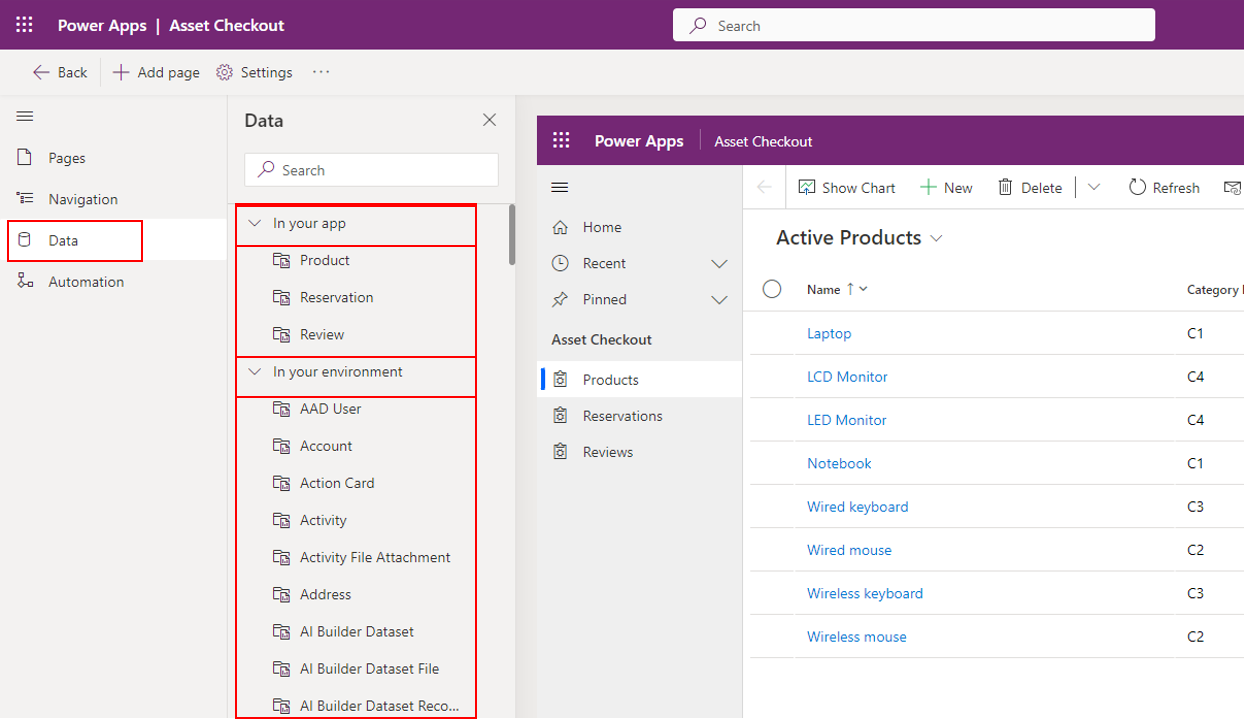 Screenshot of the relationships available in the data navigation.