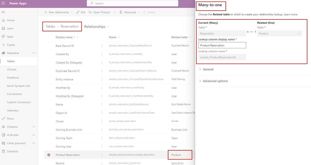 Screenshot of the many-to-one relationship using the product reservation column.