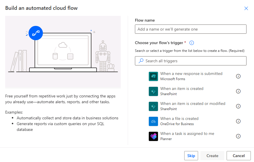 Screenshot showing the triggers available to use for an automated flow.