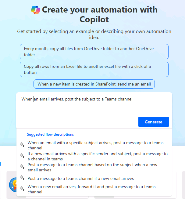 Screenshot of Power Automate home screen with a flow description for Copilot to execute on.