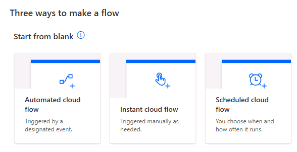 Screenshot showing the flow selection from the **Create** page.