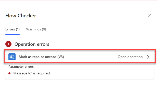 Screenshot of Flow checker error in new designer.