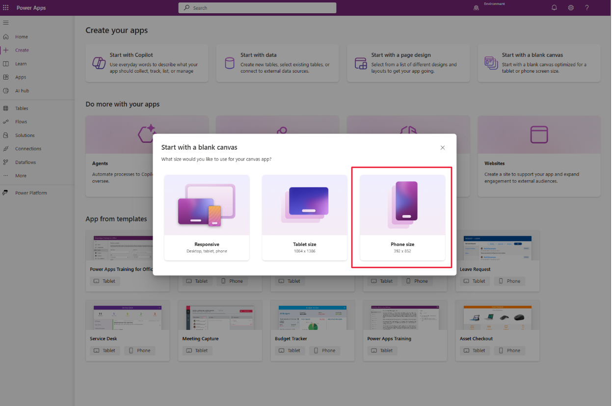 Screenshot of the Power Apps Canvas app from blank dialog with Format highlighted.