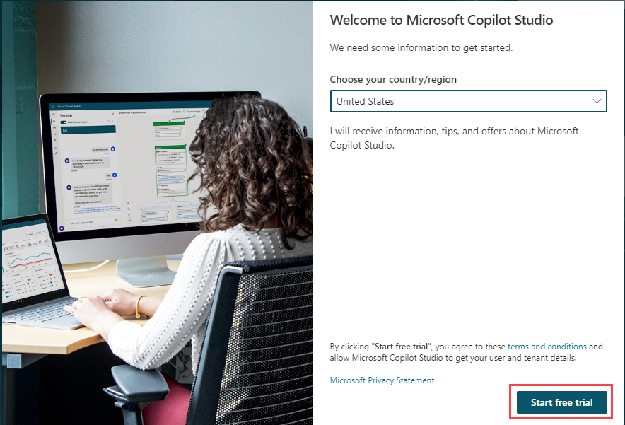 ภาพหน้าจอของกล่องโต้ตอบยินดีต้อนรับสู่ Microsoft Copilot Studio รุ่นทดลองใช้